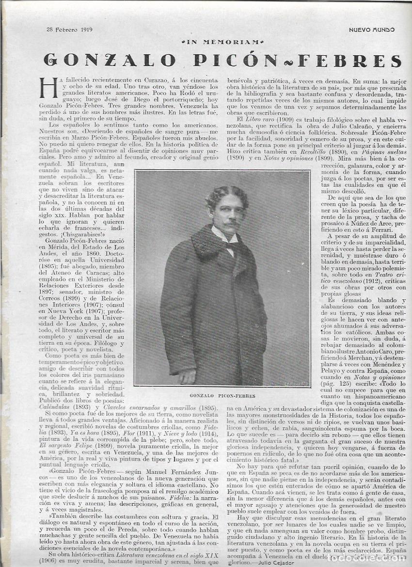 Sammelleidenschaft Papier: A&Ntilde;O 1919 RECORTE PRENSA GONZALO PICON-FEBRES PICON FEBRES ESCRITOR POLITICO VENEZOLANO
