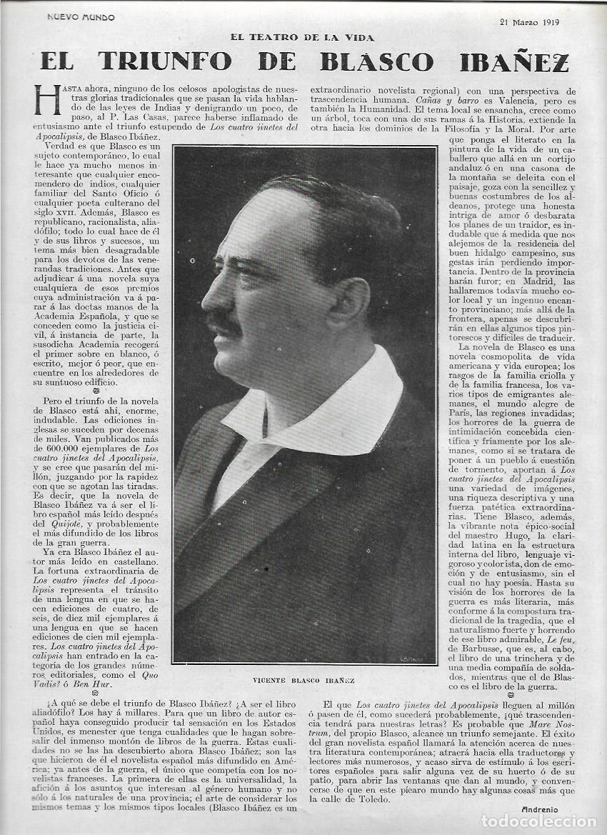 Collecting paper: A&Ntilde;O 1919 RECORTE PRENSA BLASCO IBA&Ntilde;EZ TRIUNFO EXITO LOS CUATRO JINETES DEL APOCALIPSIS