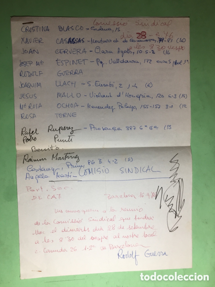 Coleccionismo: 1976 16/9 BORRADOR Y COPIA CONVOCATORIA A REUNI&Oacute; COMISSI&Oacute; SINDICAL DE PSC