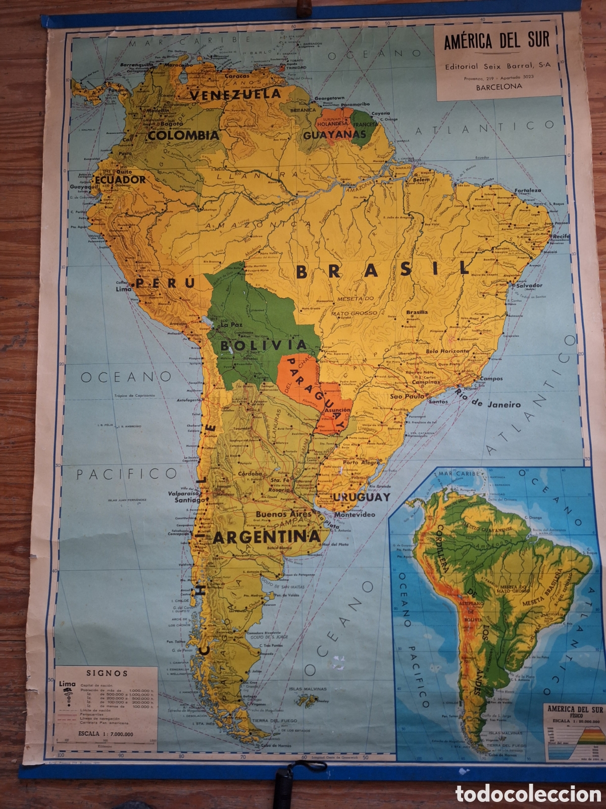 Coleccionismo: Mapa f&iacute;sico america del sur de colegio 1970