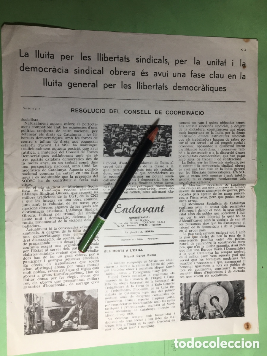 Coleccionismo: 70&rsquo;s ca . TOULOUSE &lsquo;&rsquo;ENDAVANT&rsquo;&rsquo; p&agrave;gs. 4 i 5 LLUITA LLIBERTATS SINDICALS - PROC&Eacute;S CONTRA L&rsquo;A.S.O.