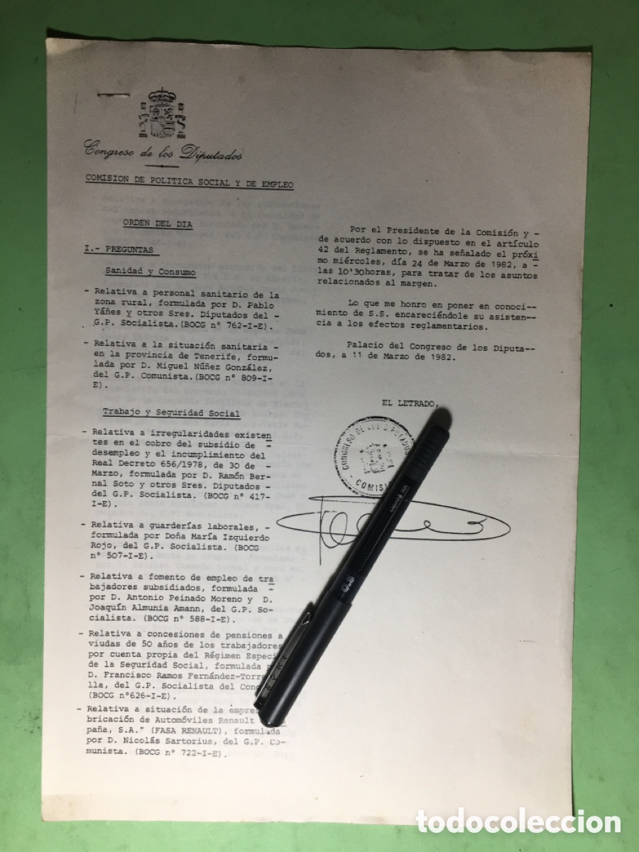 Coleccionismo: 1982 CONGRESO DE LOS DIPUTADOS COMISI&Oacute;N DE POL&Iacute;TICA SOCIAL Y DE EMPLEO ORDEN DEL D&Iacute;A