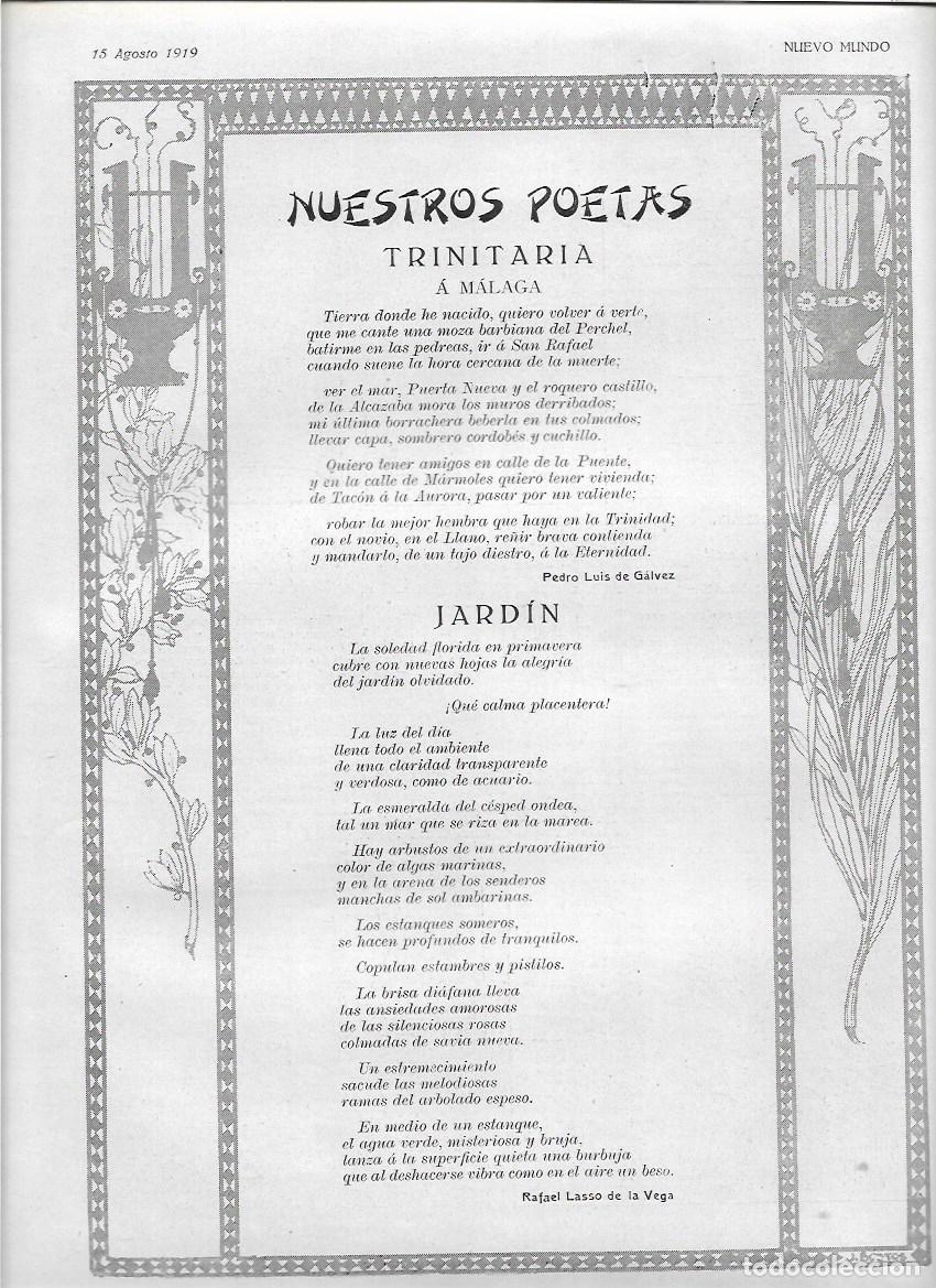 Coleccionismo: 1919 RECORTE PRENSA POESIA TRINITARIA A MALAGA PEDRO LUIS DE GALVEZ JARDIN RAFAEL LASSO DE LA VEGA