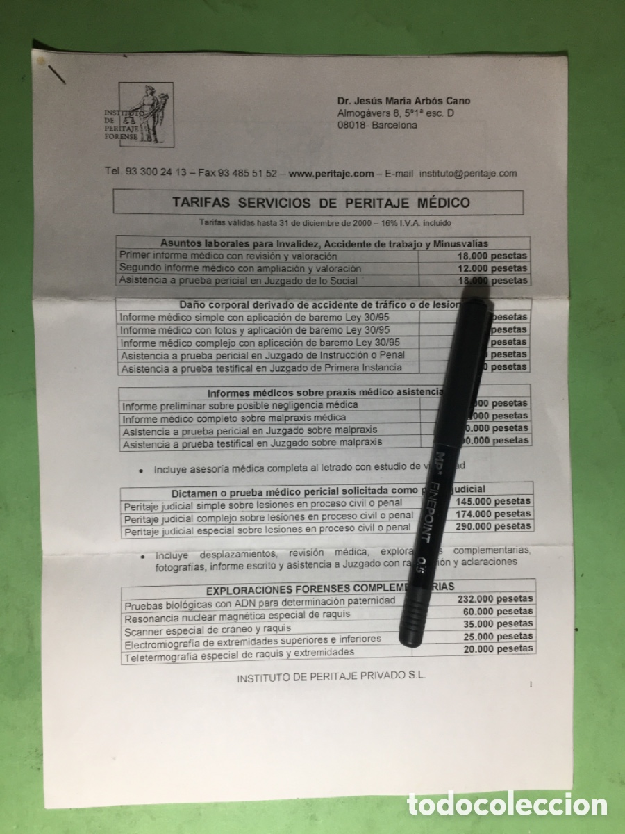 Coleccionismo: 2000 BARCELONA INSTITUTO DE PERITAJE FORENSE TARIFA SERVICIOS Y PUBLICACIONES