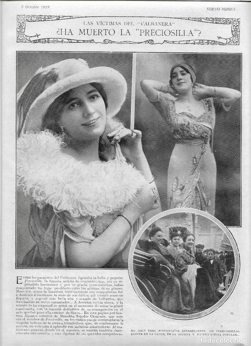Coleccionismo: A&Ntilde;O 1919 RECORTE PRENSA MANOLITA TEJEDOR CLEMENTE LA PRECIOSILLA ARTISTA VARIETES VICTIMA VALBANERA