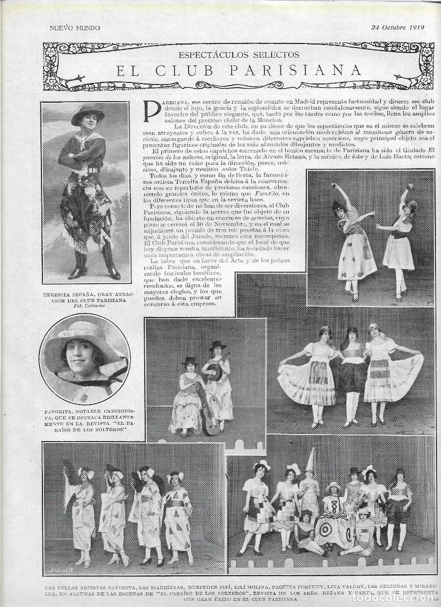 Coleccionismo: 1919 RECORTE PRENSA MADRID CLUB PARISIANA TEATRO ESPECTACULO ARTISTAS TERESA ESPA&Ntilde;A PAQUITA FORTUNY
