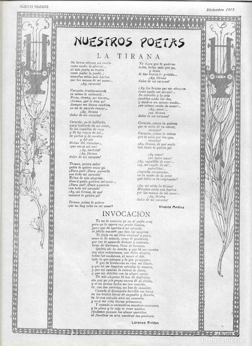 Collecting paper: A&Ntilde;O 1919 RECORTE PRENSA POESIA LA TIRANA VICENTE MEDINA INVOCACION LORENZO ROLDAN
