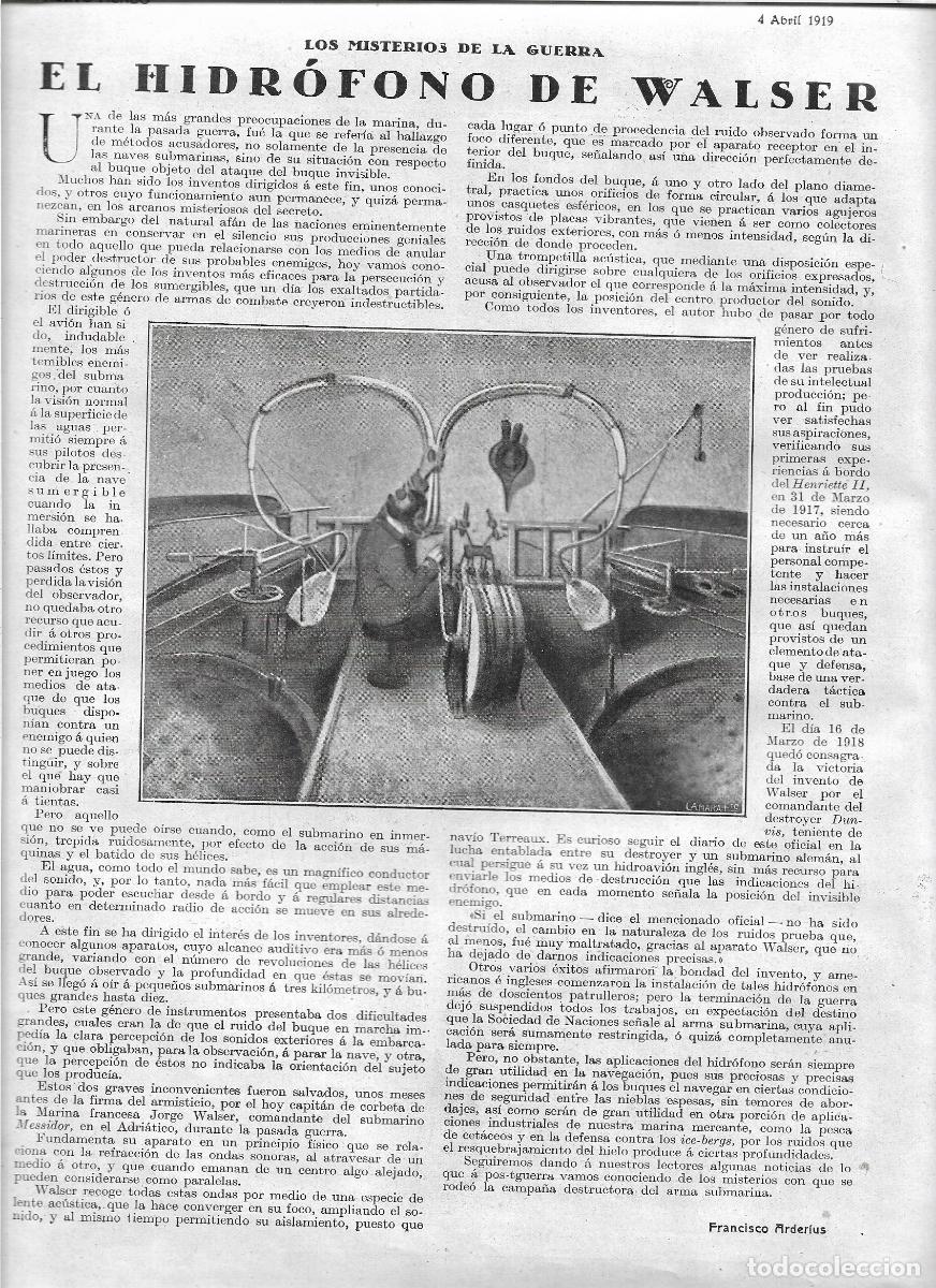 Collecting paper: A&Ntilde;O 1919 RECORTE PRENSA GUERRA INVENTO EL HIDROFONO DE WALSER INDICIACION PRECISA DE SUBMARINOS