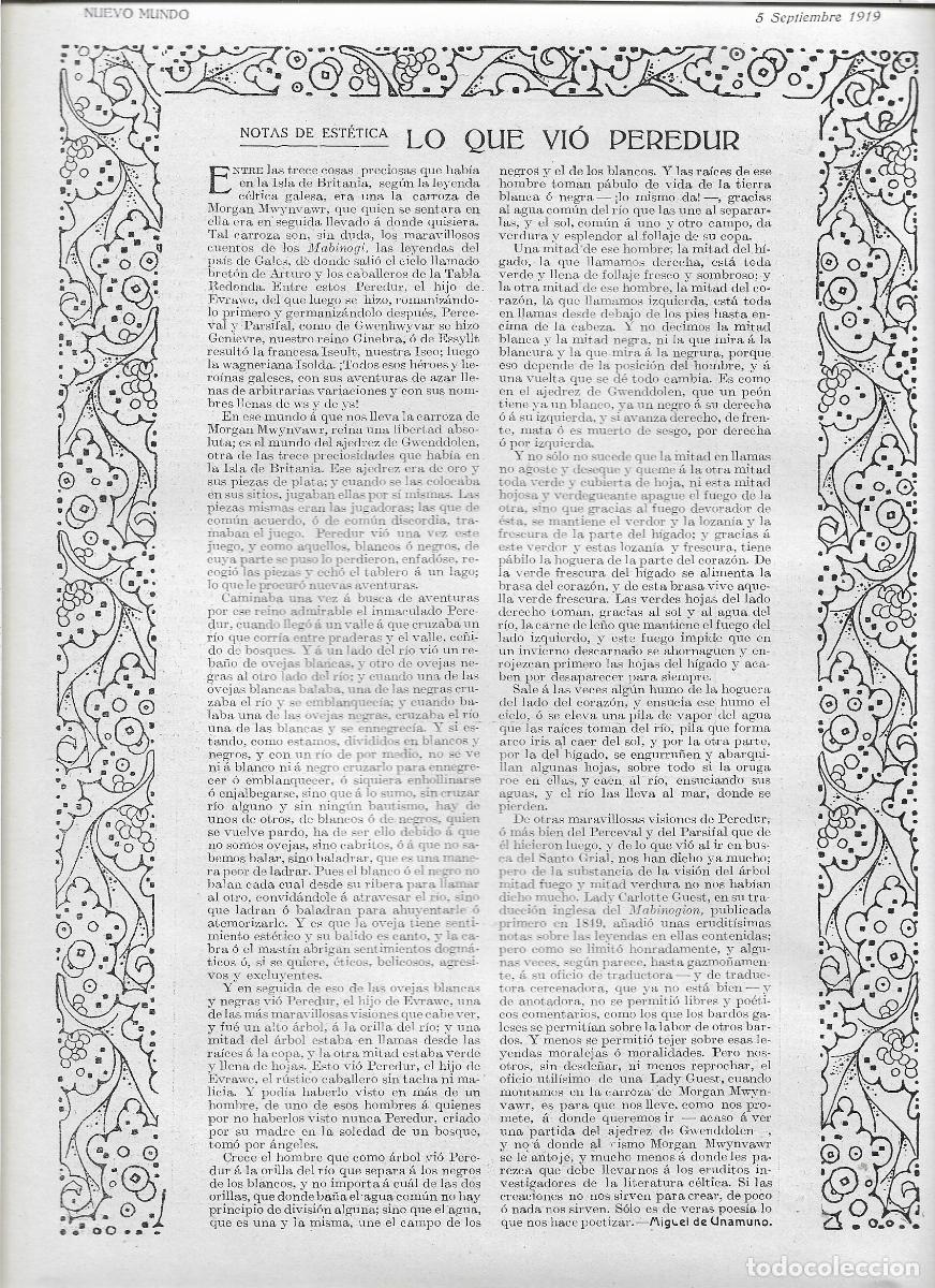 Coleccionismo: A&Ntilde;O 1919 RECORTE PRENSA LO QUE VIO PEREDUR POR MIGUEL DE UNAMUNO