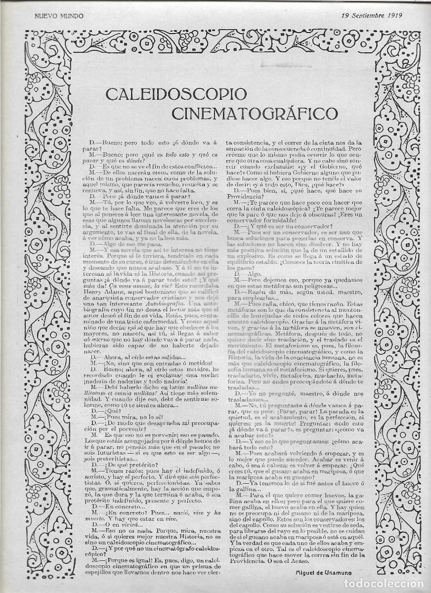 Coleccionismo: A&Ntilde;O 1919 RECORTE PRENSA CALEIDOSCOPIO CINEMATOGRAFICO POR MIGUEL DE UNAMUNO