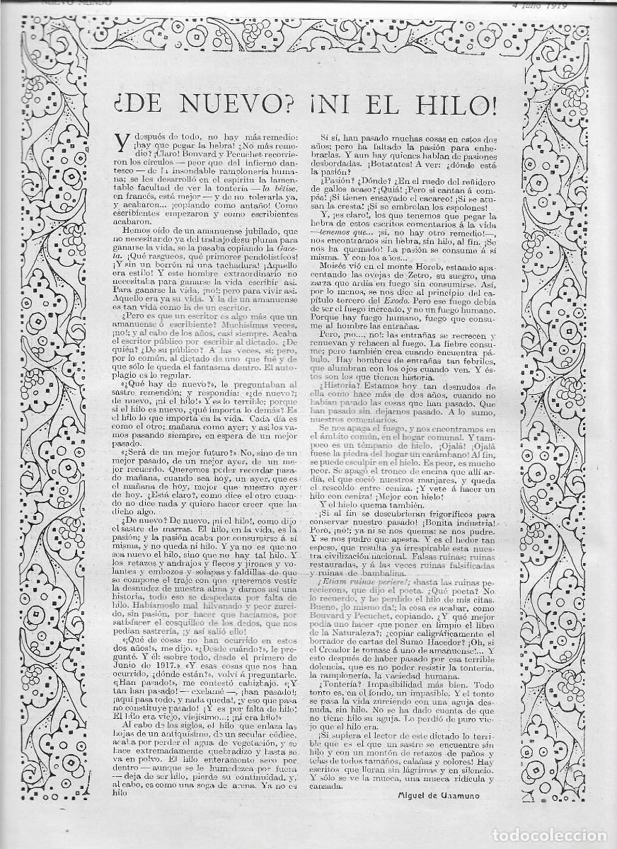 Coleccionismo: A&Ntilde;O 1919 RECORTE PRENSA DE NUEVO NI EL HILO POR MIGUEL DE UNAMUNO