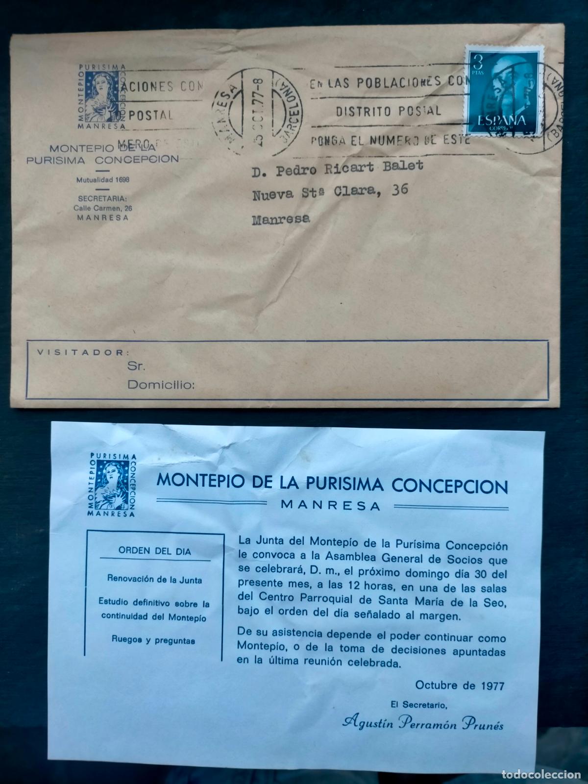 Coleccionismo: Montepio de la purisima Concepcion Manresa Octubre 1977 Asamblea General de Socios