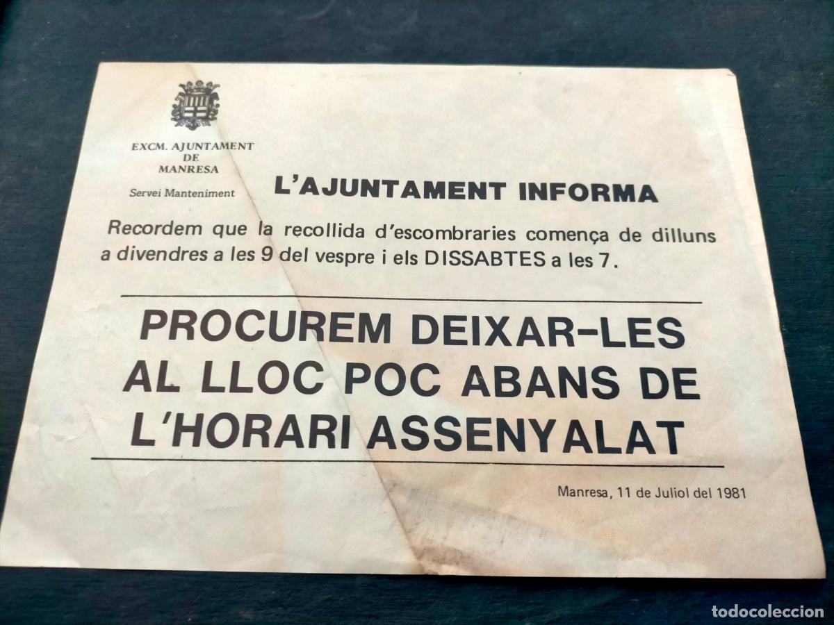 Colecionismo: Nota del excm. Ajuntament de Manresa servei de manteniment recollida d'escombraries 1981