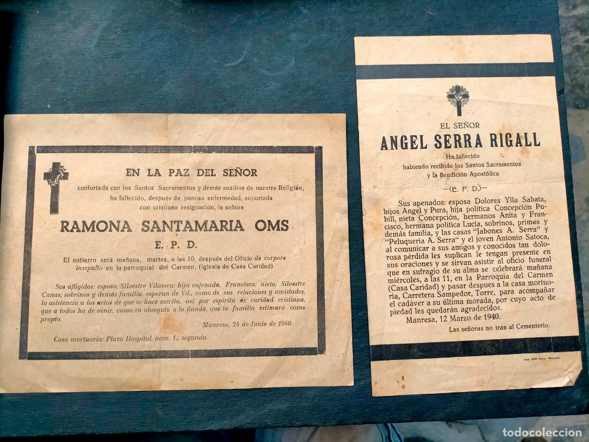 Colecionismo: Esquelas antiguas de Manresa 1940 a&ntilde;os 40 Ramona Santamaria OMS Angel Serra Rigall
