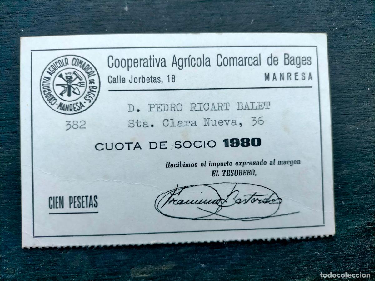 Coleccionismo: Cooperativa agr&iacute;cola comarcal de Bages Manresa cuota de socio Pedro Ricart Balet 1980