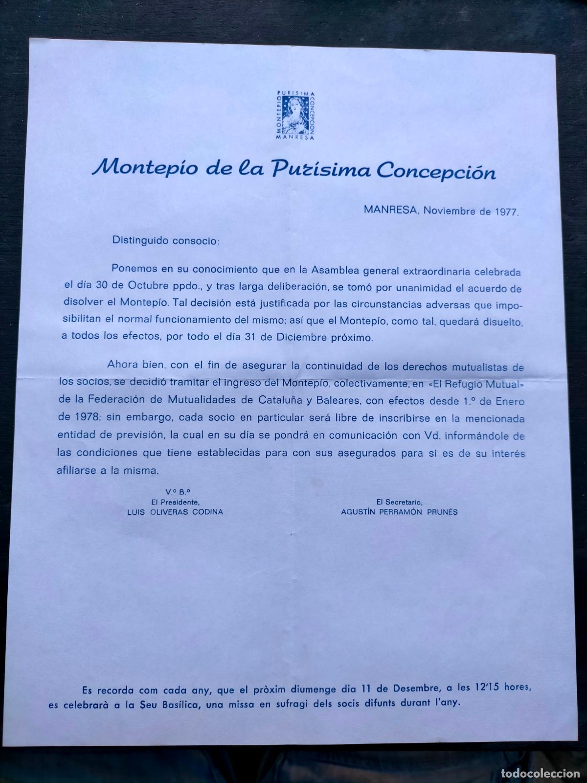 Coleccionismo: Montep&iacute;o de la Pur&iacute;sima Concepci&oacute;n Manresa noviembre 1977 asamblea general extraordinaria