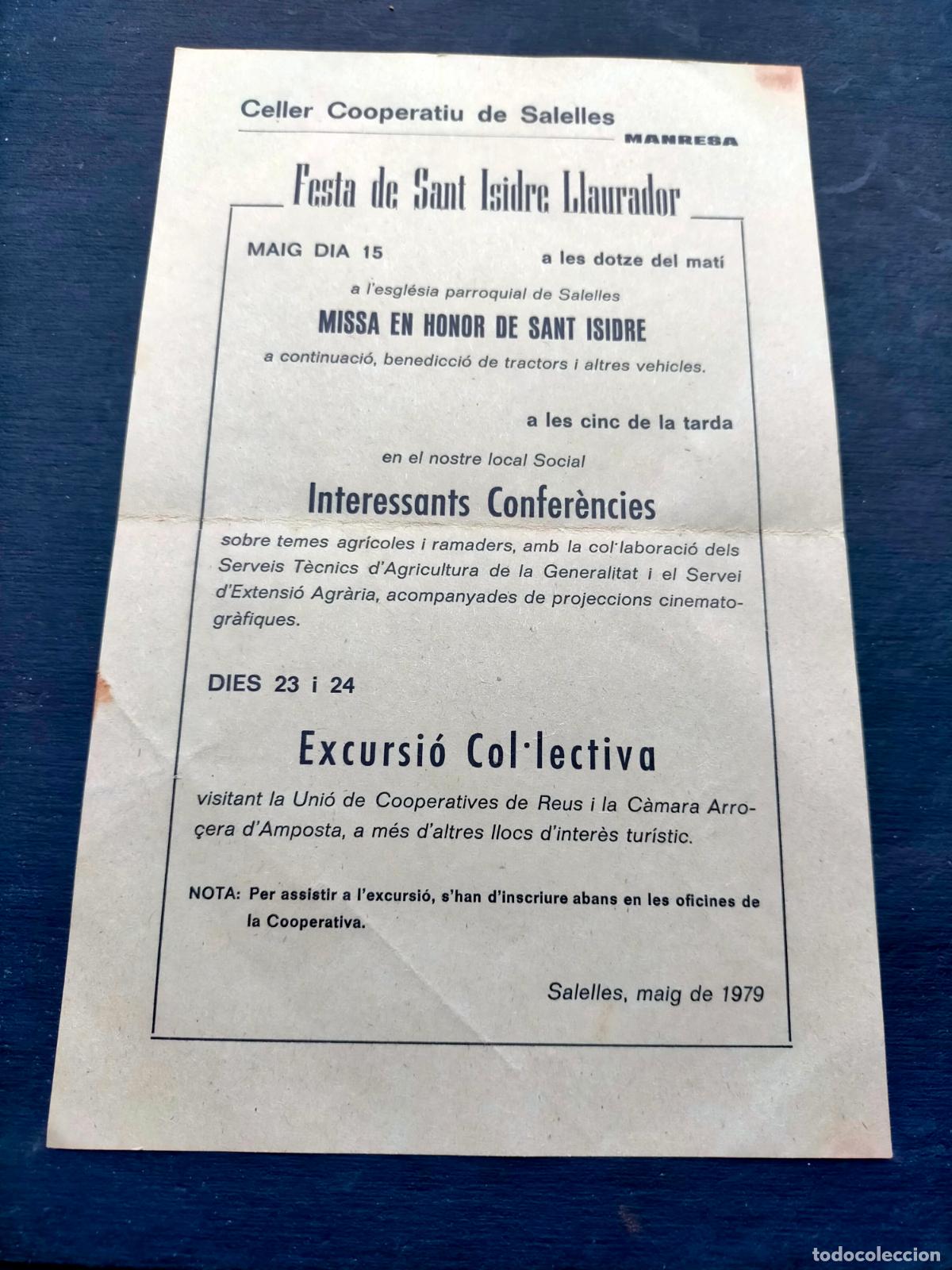 Colecionismo: Celler Cooperatiu de Salelles festa de Sant Isidre llaurador maig de 1979 Manresa
