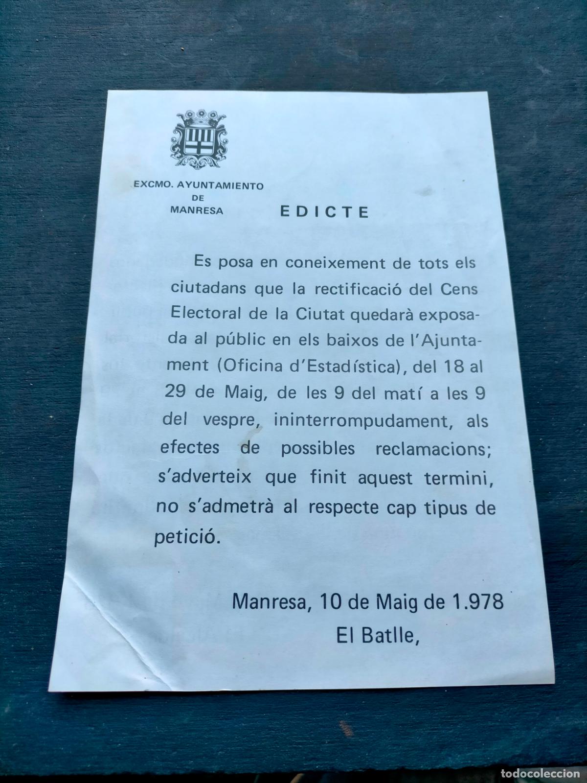 Coleccionismo: Edicte edicto excmo. ayuntamiento de Manresa rectificaci&oacute; cens electoral maig 1978 batlle