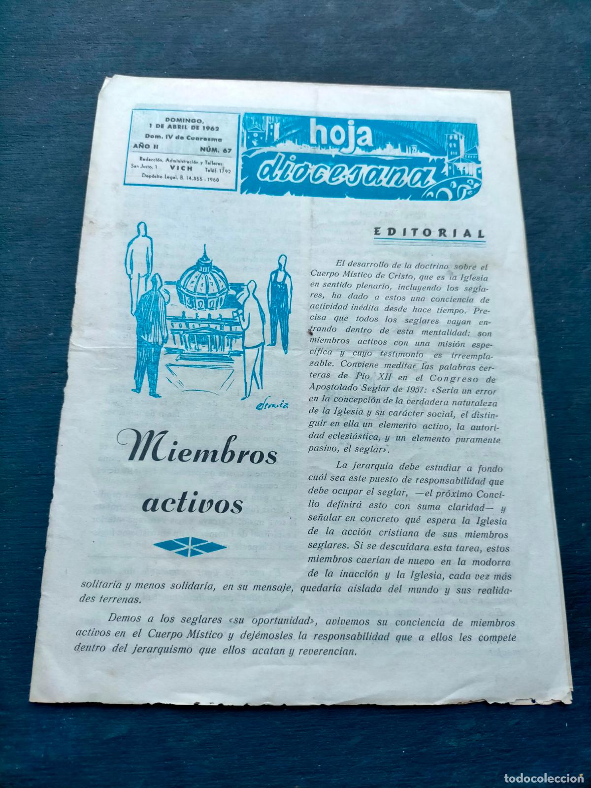 Coleccionismo: Hoja diocesana 1 abril 1962 Vich a&ntilde;o II n&uacute;m. 67 n&ordm;
