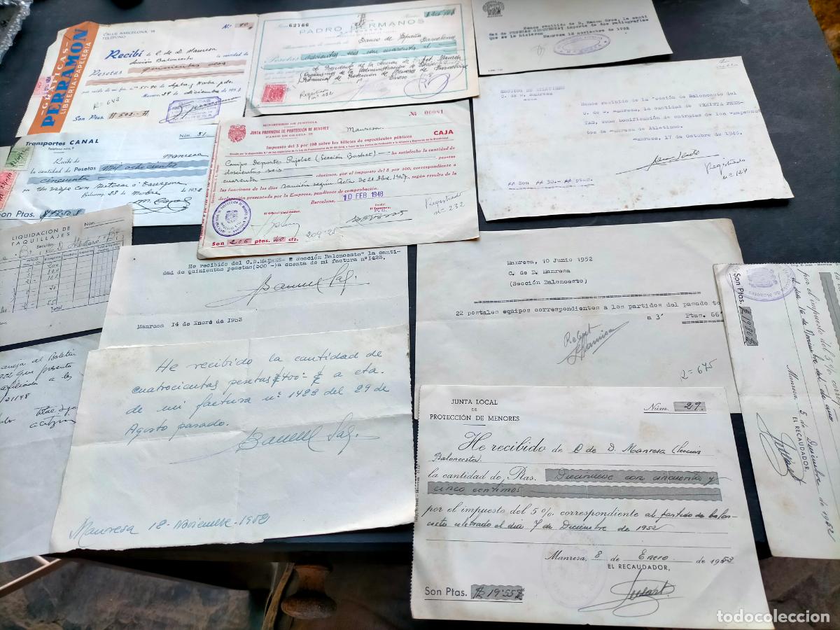Colecionismo: Lote recibos antiguos empresas Manresa a&ntilde;os 40-50 junta local proteccion menores +