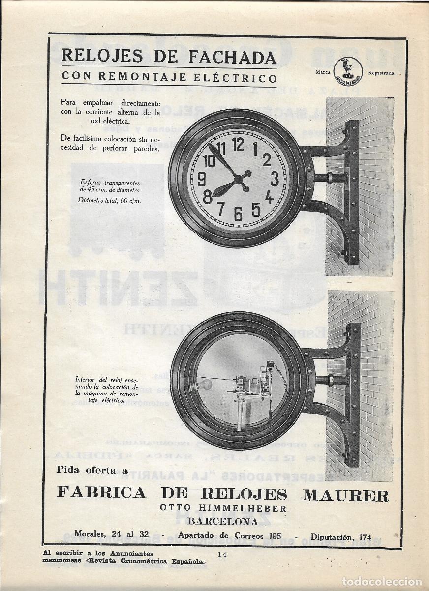 Colecionismo: A&Ntilde;O 1930 RECORTE PRENSA PUBLICIDAD RELOJ DE FACHADA FABRICA RELOJES MAURER BARCELONA