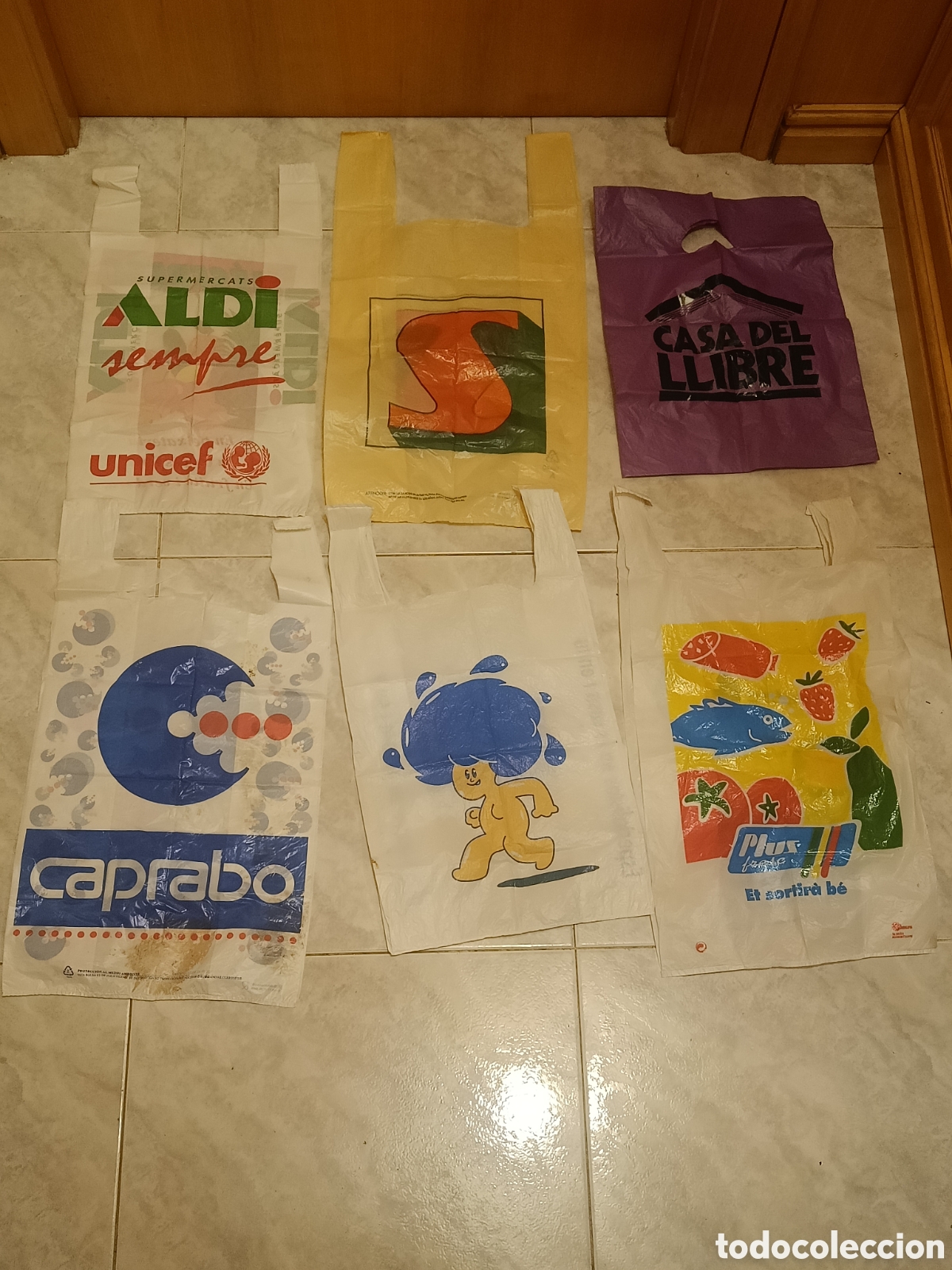 Coleccionismo: 7 Bolsas pl&aacute;stico supermercado a&ntilde;os 80 Aldi Sabeco Casa del LLIBRE Cofac Caprabo Gotta PlusFresc