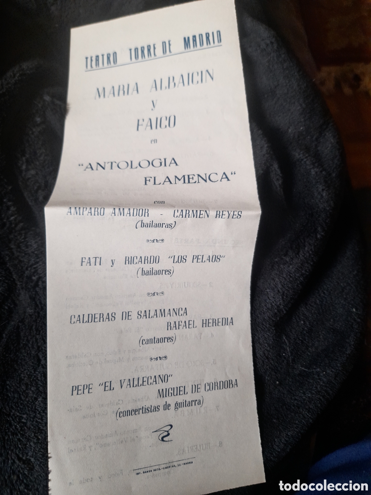 Coleccionismo: Antiguo programa Teatro Torre de Madrid, Antolog&iacute;a Flamenca