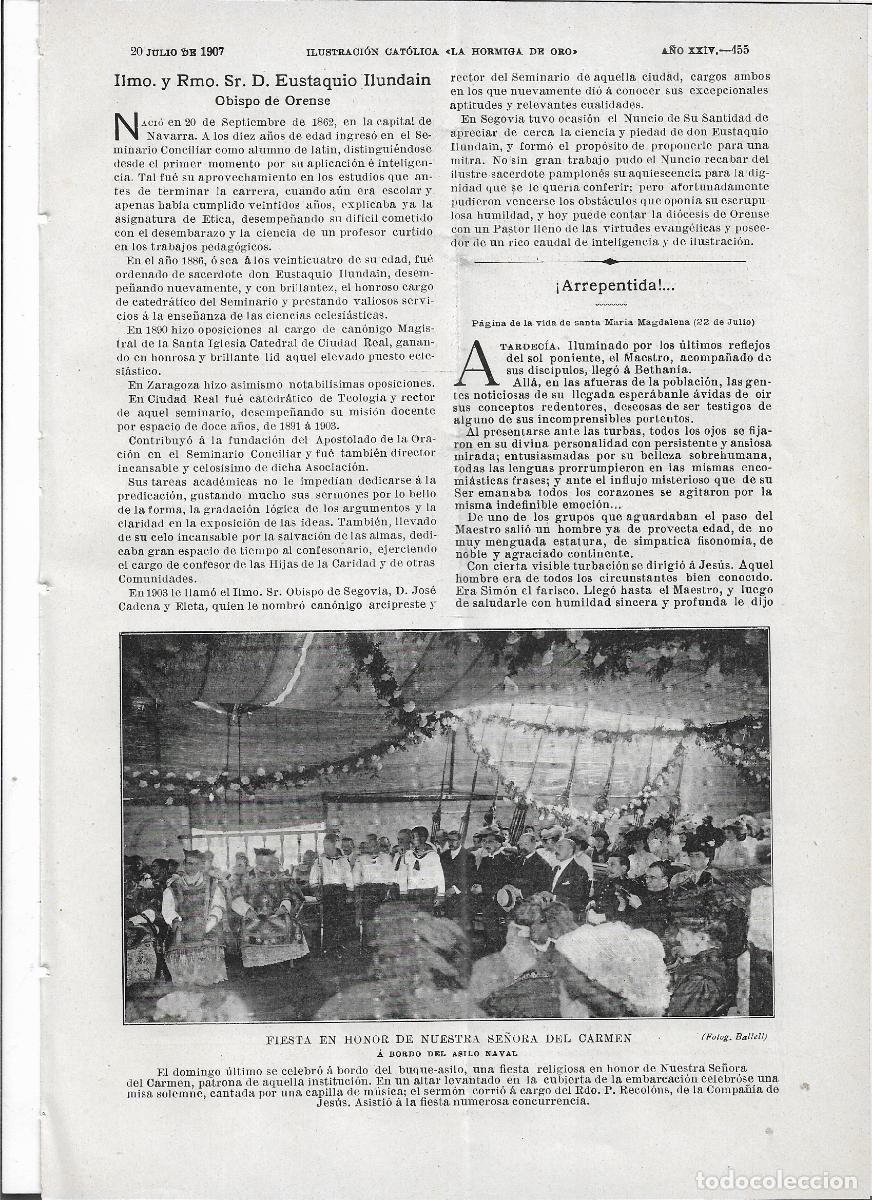Coleccionismo: A&Ntilde;O 1907 RECORTE PRENSA FIESTA EN HONOR VIRGEN DEL CARMEN EN EL BARCO BUQUE ASILO NAVAL RDO RECOLONS