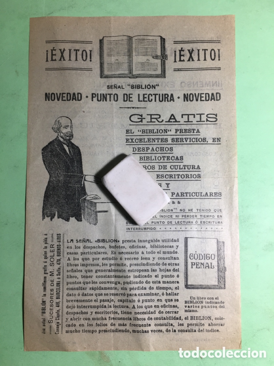 Coleccionismo: ANTIGUA PUBLICIDAD DE PUNTO &lsquo;&rsquo;BIBLI&Oacute;N&rsquo;&rsquo; PARA LIBROS Y BIBLIOTECA MANUALES SOLER ESPA&Ntilde;A ARGENTINA