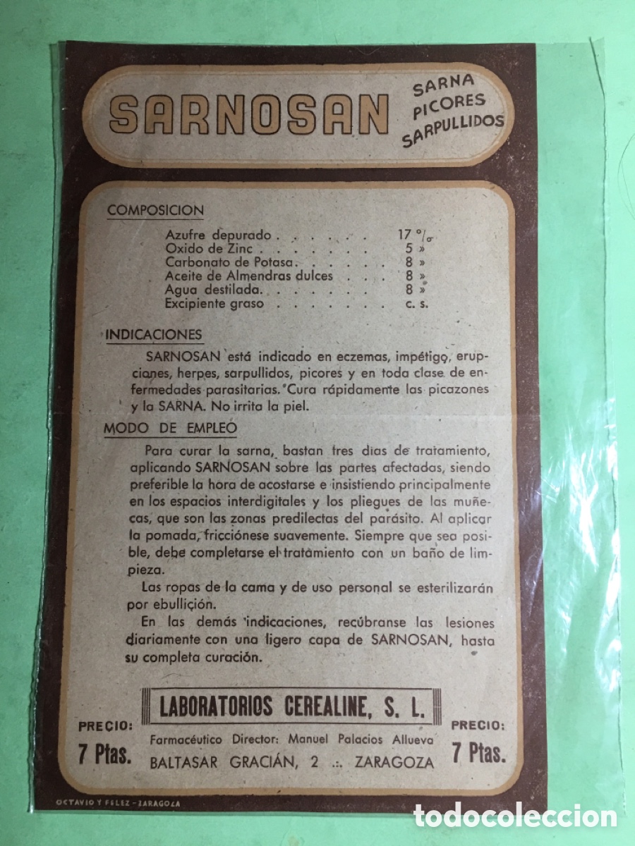 Coleccionismo: ANTIGUA PUBLICIDAD &lsquo;&rsquo;SARNOSAN&rsquo;&rsquo; LABORATORIOS CEREALINE - ZARAGOZA
