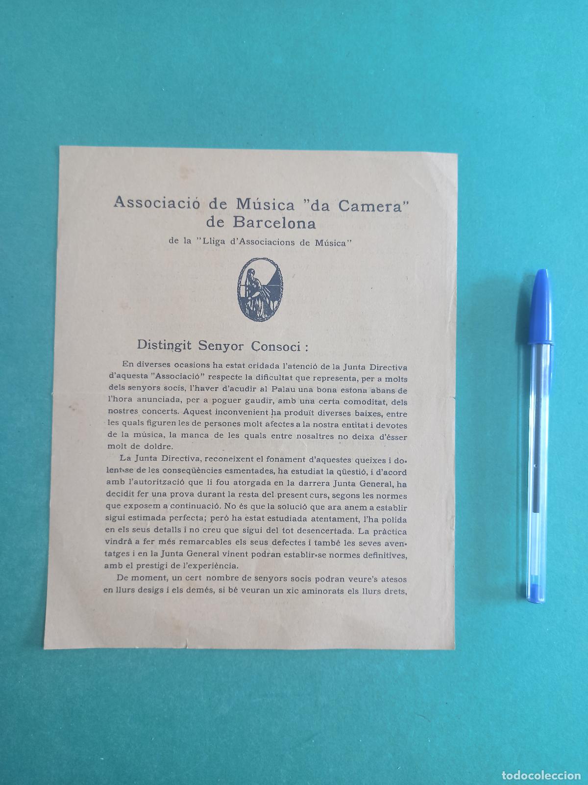 Collectionnisme: Antiguo documento Associaci&oacute; de Musica &rdquo;Da Camera&rdquo; de Barcelona. Lliga d'Associacions de Musica.