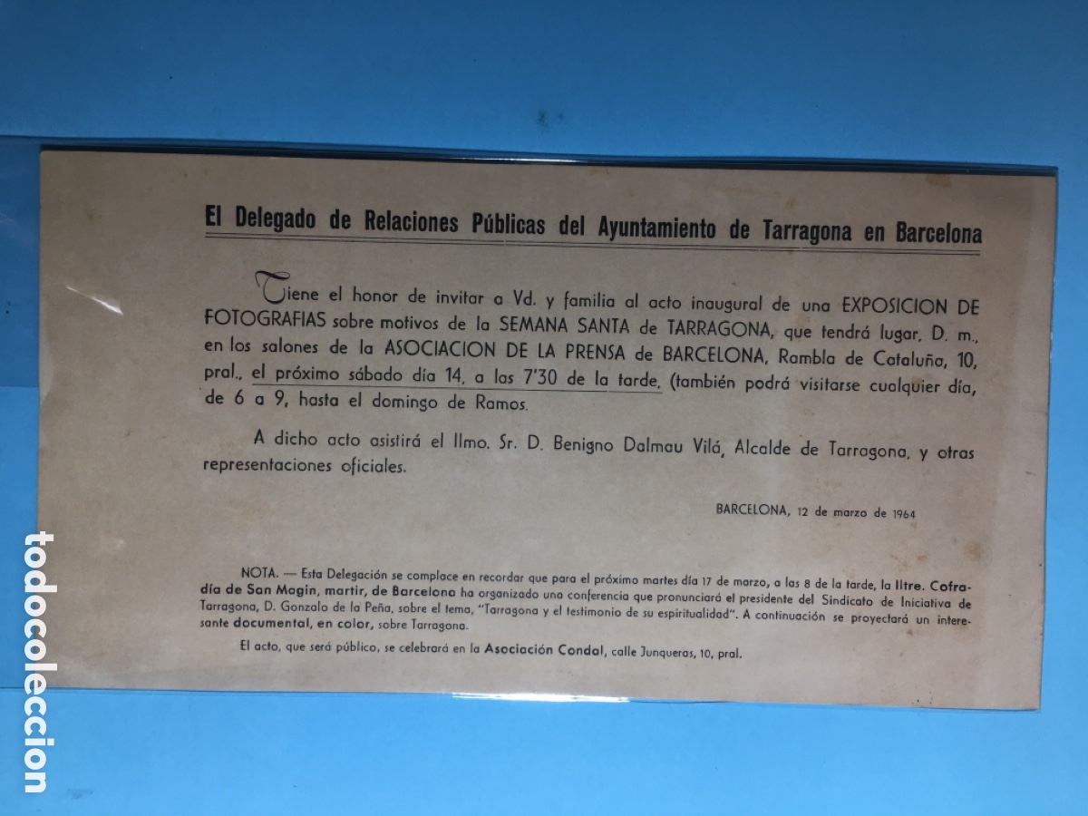 Coleccionismo: 1964 BCN INVITACI&Oacute;N INAUGURAL EXPOSICI&Oacute;N DE FOTOGRAF&Iacute;AS SEMANA SANTA TARRAGONA