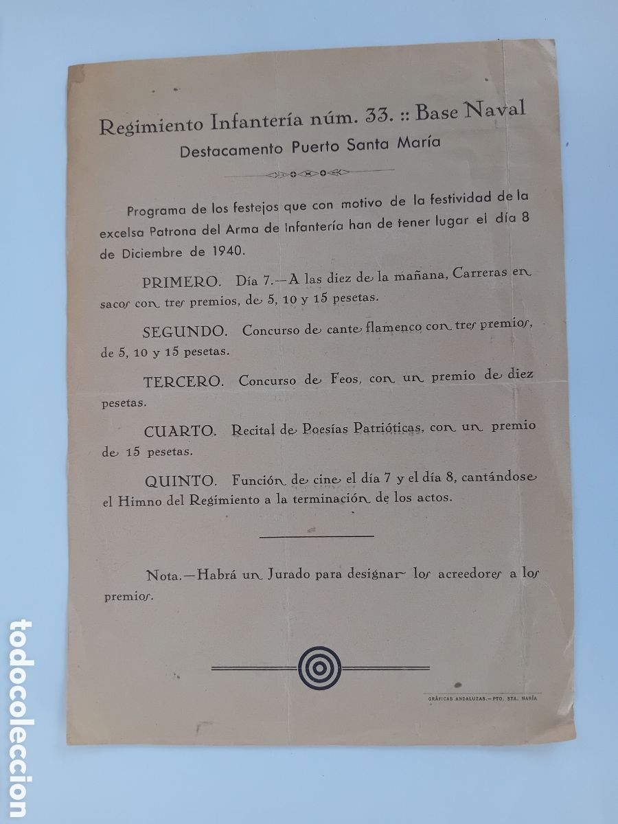 Coleccionismo: a tiguo programa festividad patrona del arma de infanteria regimiento infanteria num 33 base naval p