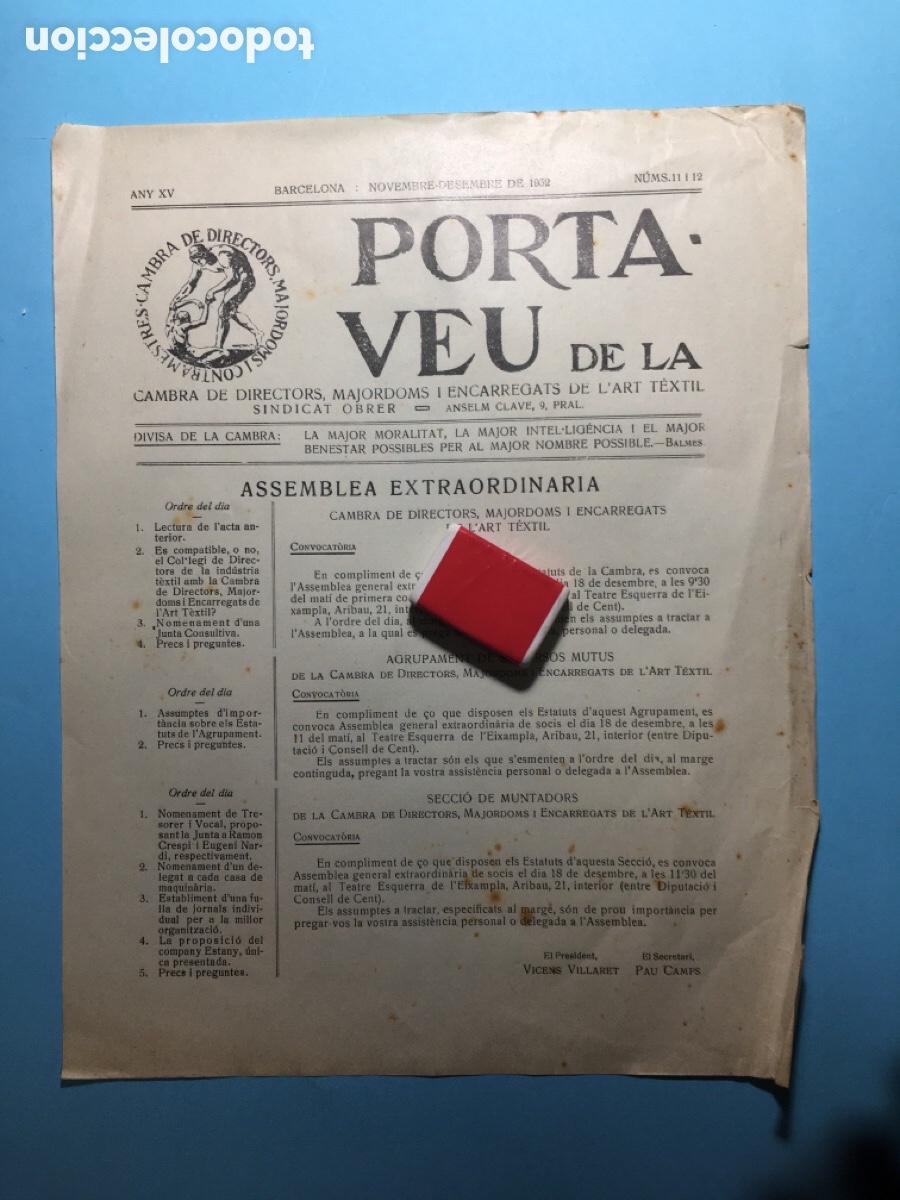 Coleccionismo: 1932 Nos. 11/12 ASSEMBLEA CAMBRA DIRECTORS, MAJORDOMS I ENCARREGATS DE L&rsquo;ART T&Egrave;XTIL SINDICAT OBRER