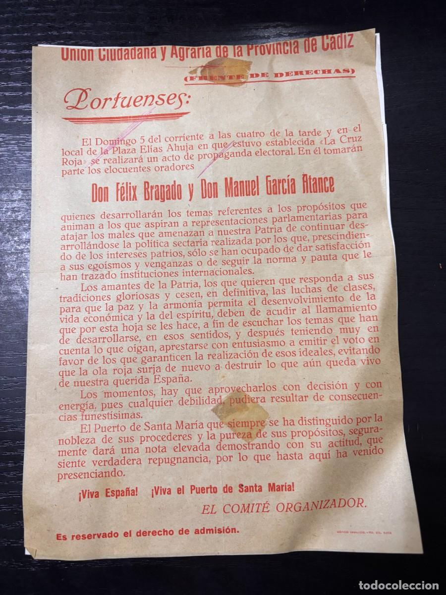 Collectionnisme: UNION CIUDADANA Y AGRARIA DE LA PROVINCIA DE C&Aacute;DIZ.FRENTE DE DERECHAS. ACTO DE PROPAGANDA.PUERTO