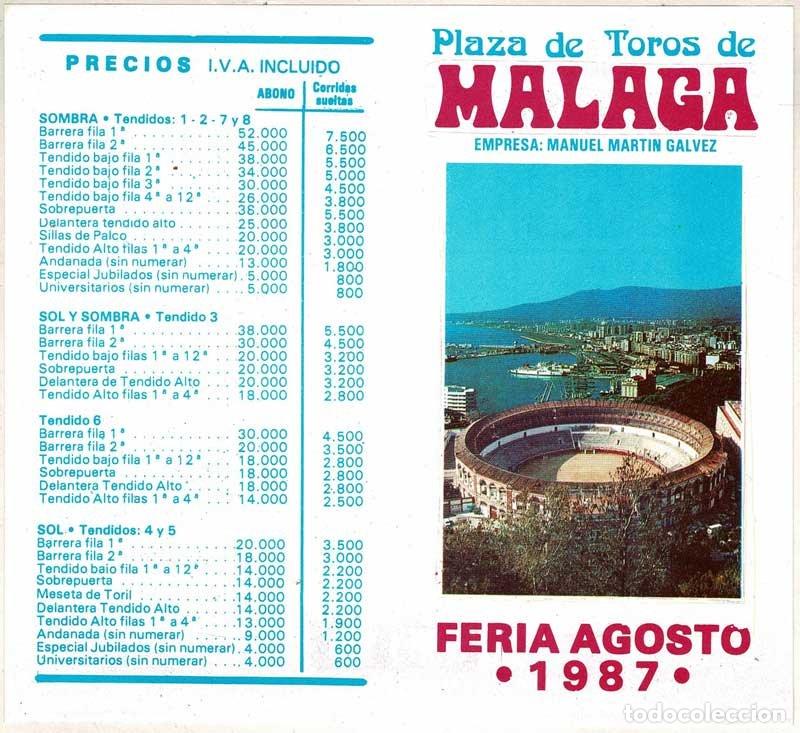 Coleccionismo: Folleto Plaza de Toros de M&aacute;laga. Feria Agosto 1987. Publicidad Seat. Precios