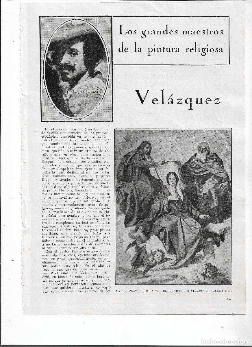 Coleccionismo: A&Ntilde;O 1926 RECORTE PRENSA PINTOR VELAZQUEZ GRAN MAESTRO DE LA PINTURA RELIGIOSA OBRAS
