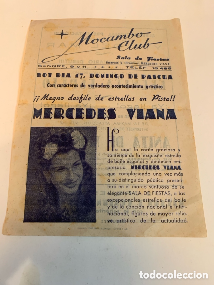 Coleccionismo: Valencia mocambo club mercedes viana espect&aacute;culos fantasio Barcelona a&ntilde;os 50