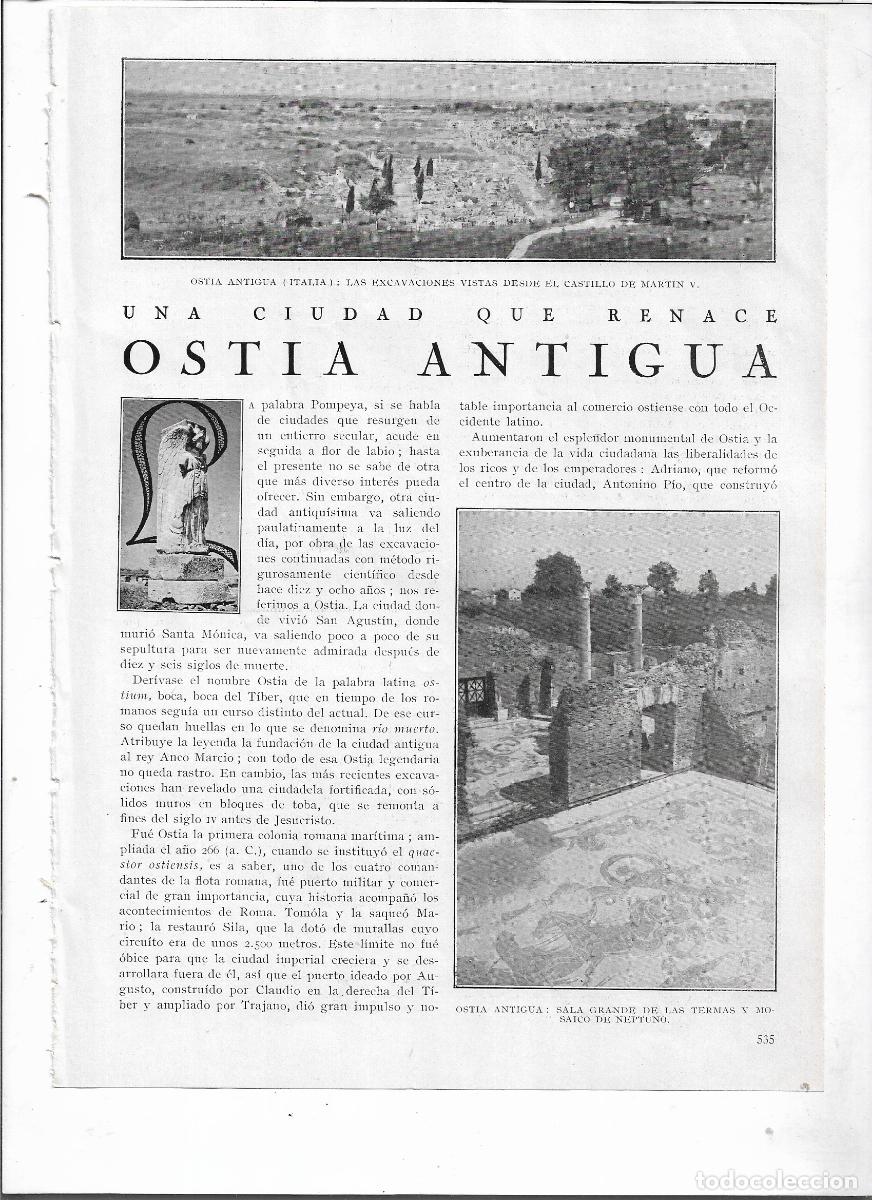 Coleccionismo: A&Ntilde;O 1926 RECORTE PRENSA ITALIA CIUDAD DE OSTIA ANTIGUA ARQUEOLOGIA TERMAS ALMACEN CASA DIANA TEATRO
