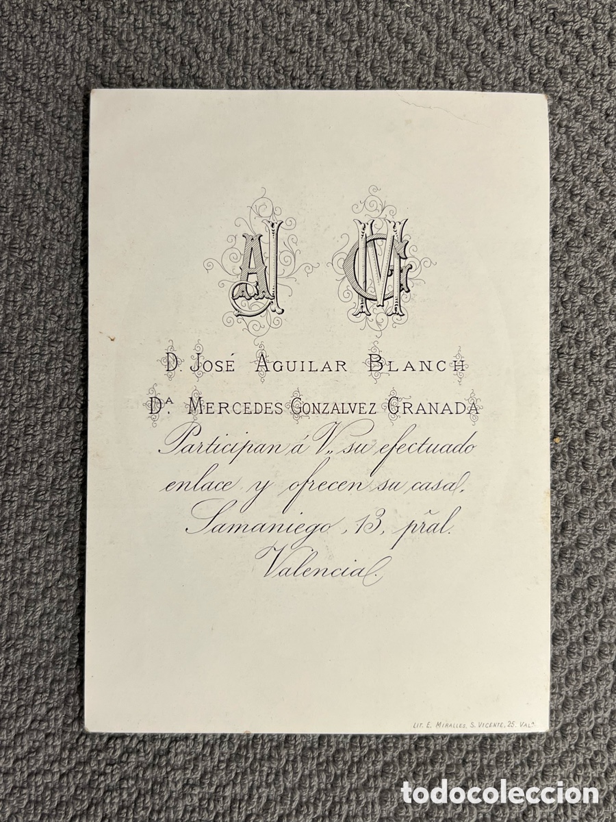 Coleccionismo: LA VALENCIA DESAPARECIDA. Tarjeta Enlace Dr. Jos&eacute; Aguilar Blanch y D. Mercedes Gonzalvez (a.1885)