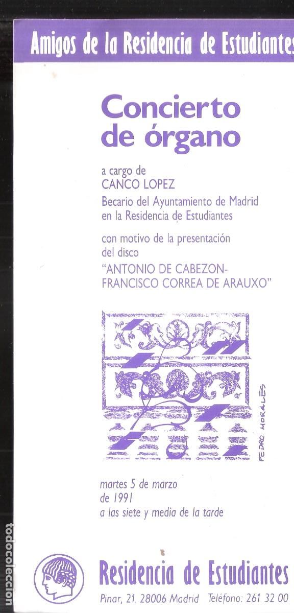 Collectionnisme: Canco Lopez. Francisco Correa de Arauxo.1991. Residencia de Estudiantes, Madrid, Tarjeta. 21x10 cm.