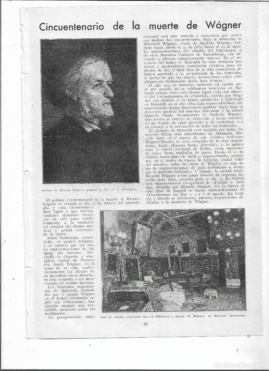 Coleccionismo: A&Ntilde;O 1933 RECORTE PRENSA CINCUENTENARIO MUERTE DE WAGNER MUSICA RETRATO HERRMAN MUSEO