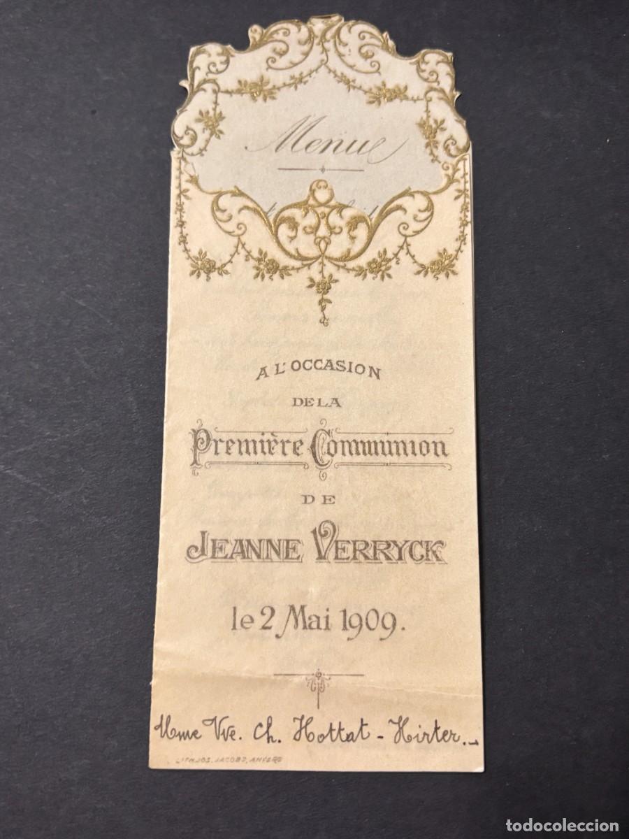 Collecting paper: MEN&Uacute; DE BANQUETE DE PRIMERA COMUNI&Oacute;N DE JEANNE VERRYCK. MAYO 1909. VER FOTOS