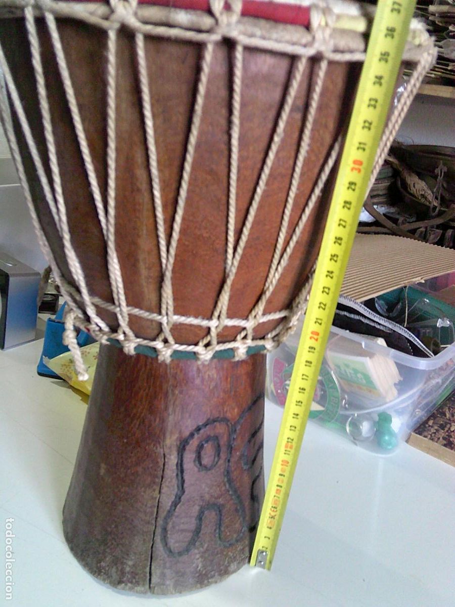 Coleccionismo: Tambor de mano de madera y cuero - Foto 2