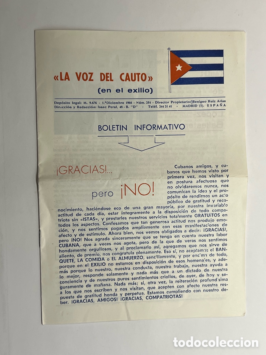 Sammelleidenschaft Papier: CUBA, LA VOZ DEL CAUTO.. en el exilio. Bolet&iacute;n informativo.. Madrid, No.254 Diciembre de 1966