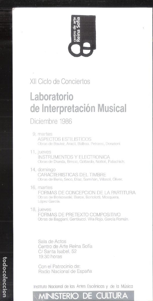 Collectionnisme: Laboratorio Interpretaci&oacute;n Musical. Diciwembre 1986. C. Arte Reina Sof&iacute;a. M&ordm; Cultura. Tarjeta. 21x10