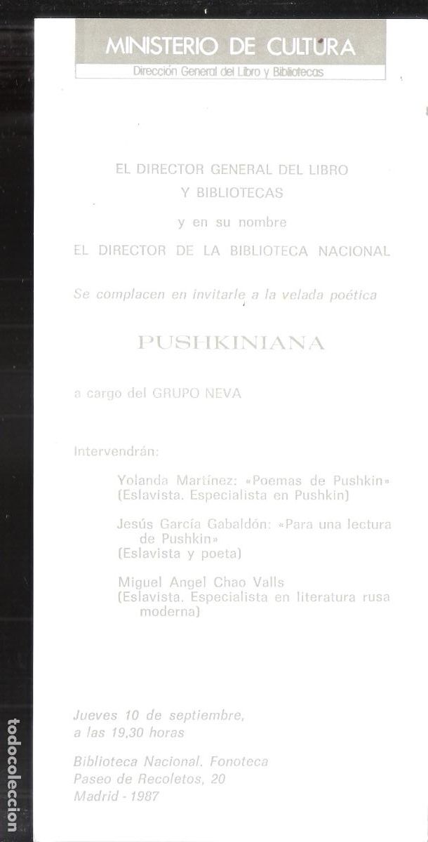 Collezionismo: Pushkiniana. Grupo Neva. Septiembre 1987. Biblioteca Nacional. M&ordm; Cultura. Tarjeta. 21x10 cm.