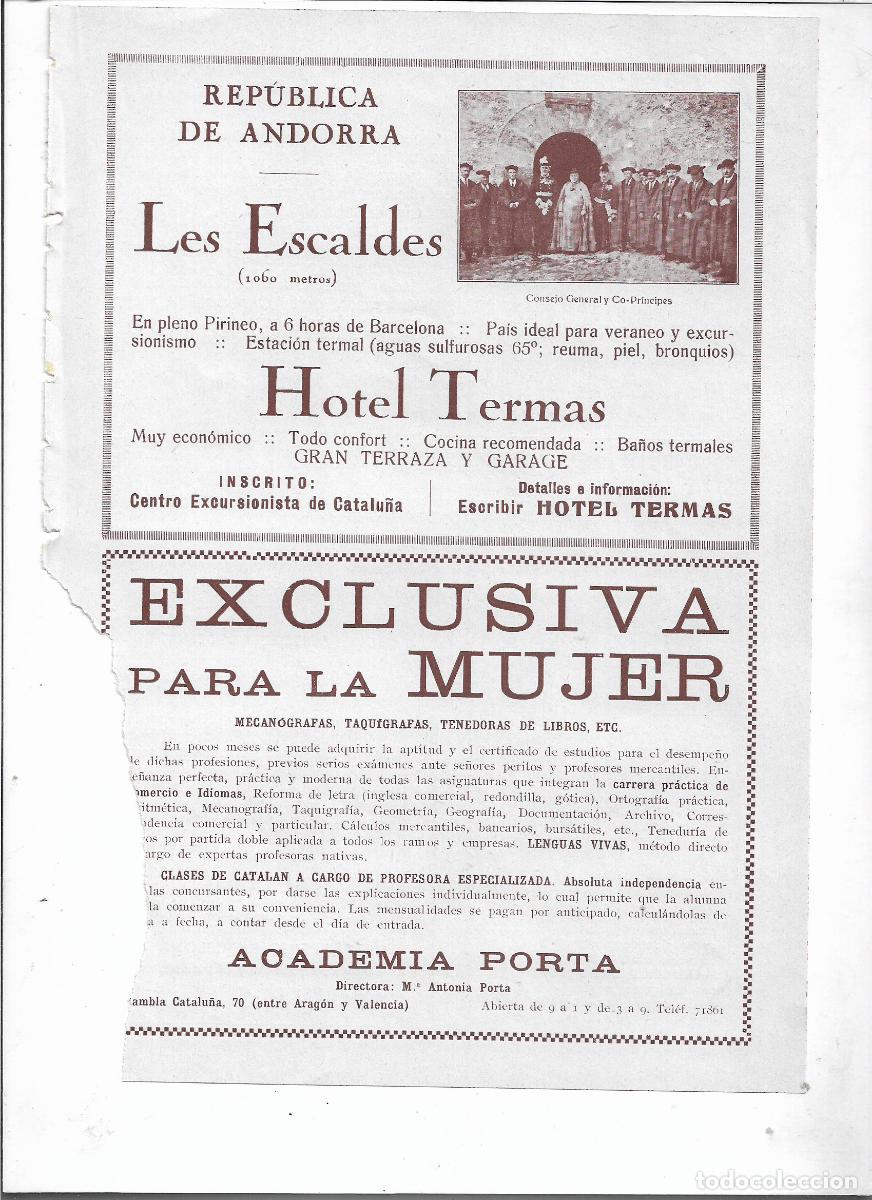 Coleccionismo: A&Ntilde;O 1933 RECORTE PRENSA PUBLICIDAD HOTEL TERMAS LES ESCALDES REPUBLICA DE ANDORRA