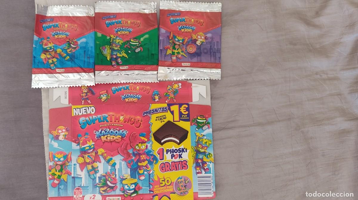 Coleccionismo: Lote caja y envoltorios de phoskitos superthings - Foto 1