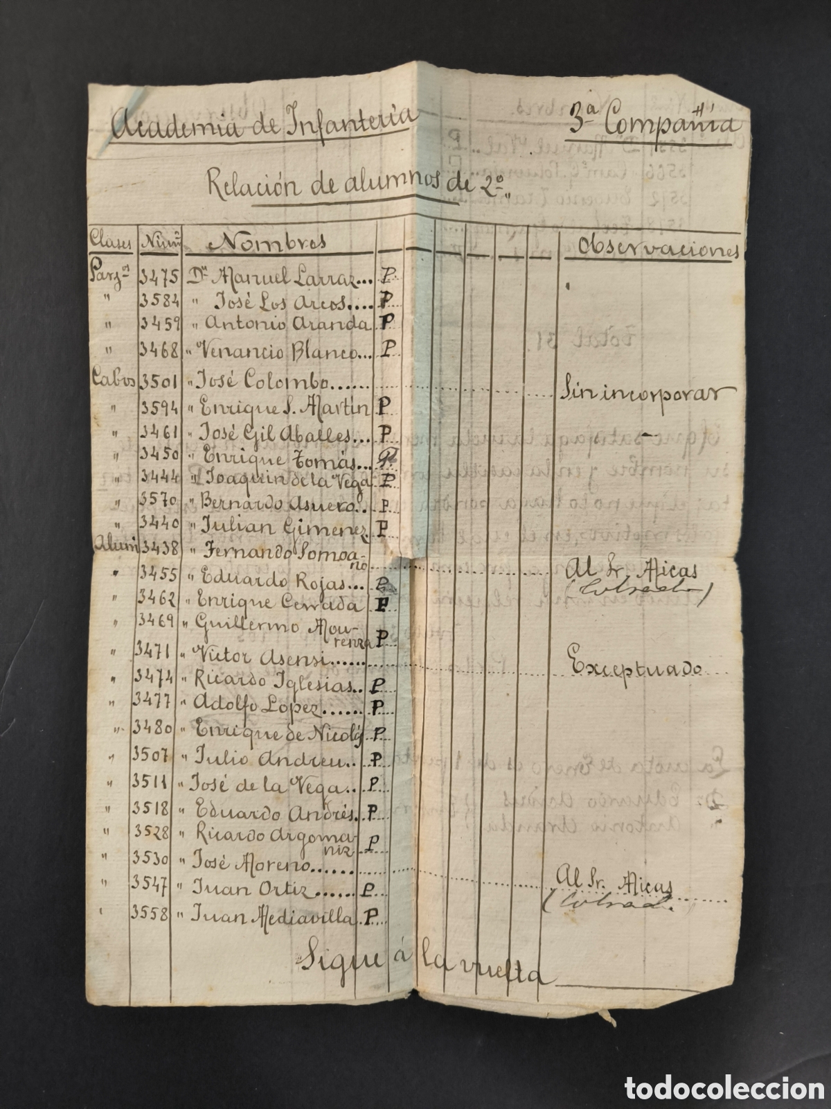 Coleccionismo: Documento manuscrito. Academia de Infanteria de Toledo, a&ntilde;o 1905.